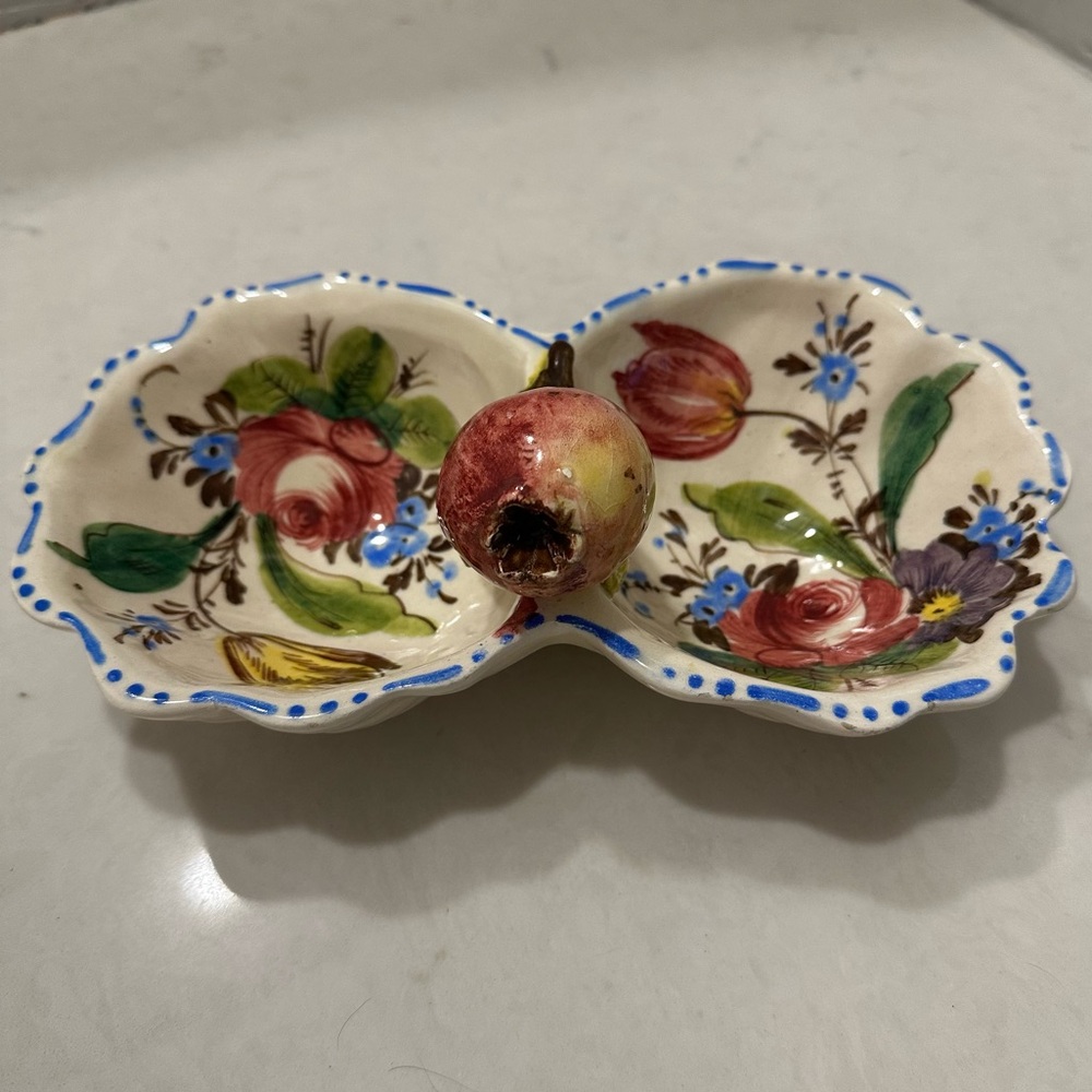 Vintage Hand Painted In Italy Divided Dish Blue Floral